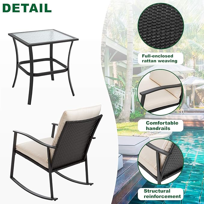 Shintenchi Outdoor 3-Piece Rocking Bistro Set,Wicker Patio Furniture Porch Chairs Conversation Sets with Glass Coffee (Beige Cushion)