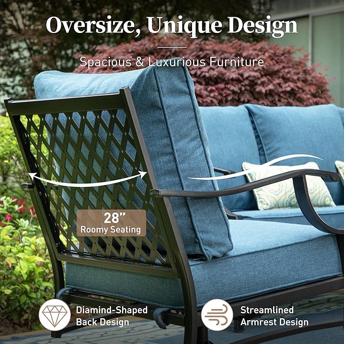 6 Piece Metal Outdoor Patio Furniture Set, Patio Conversation Set 1 3-Seater Sofa, 2 Rocking Chair, 2 Leg Chair with 5.75" Thick Cushion and Coffee Table, Backyard Furniture Set, Navy
