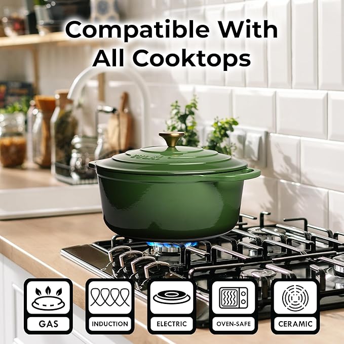 Zulay Kitchen 6 Quart Enameled Cast Iron Dutch Oven Pot with Lid – Premium Durability & Oven Safe up to 500°F – Heavy Duty Cookware Perfect for Bread Baking, Stews, Braising & Roasting – Green
