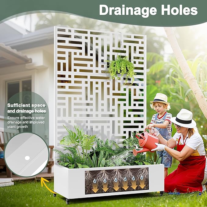 Large Raised Garden Beds with Trellis & Wheels, Metal Planter Box with Privacy Screen for Climbing Plants Vegetables, Fruits, 47"L Garden Boxes Outdoor with Drainage Holes (White Street)