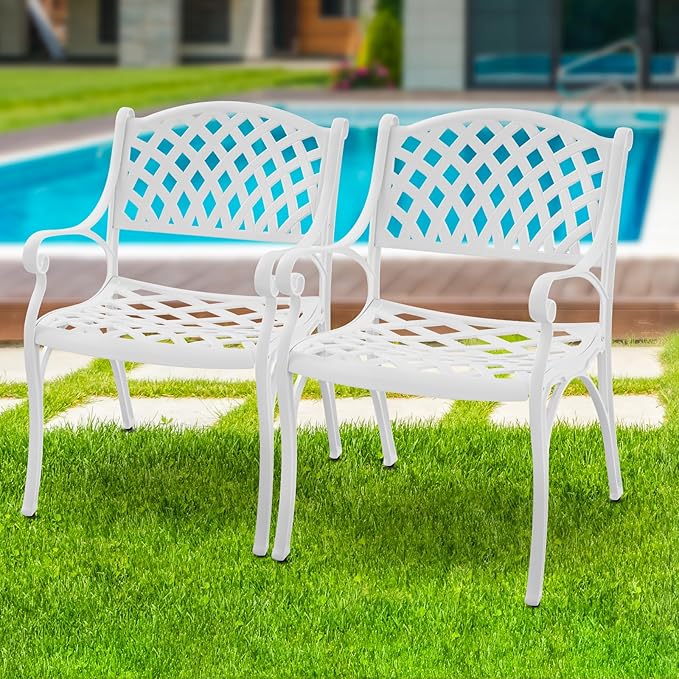 Bistro Chairs Set of 2 with Armrest Outdoor Metal Patio Dining Chairs,Cast Aluminum Patio Bistro Chair with Adjustable Feet,Bistro Dining Chair for Garden,White