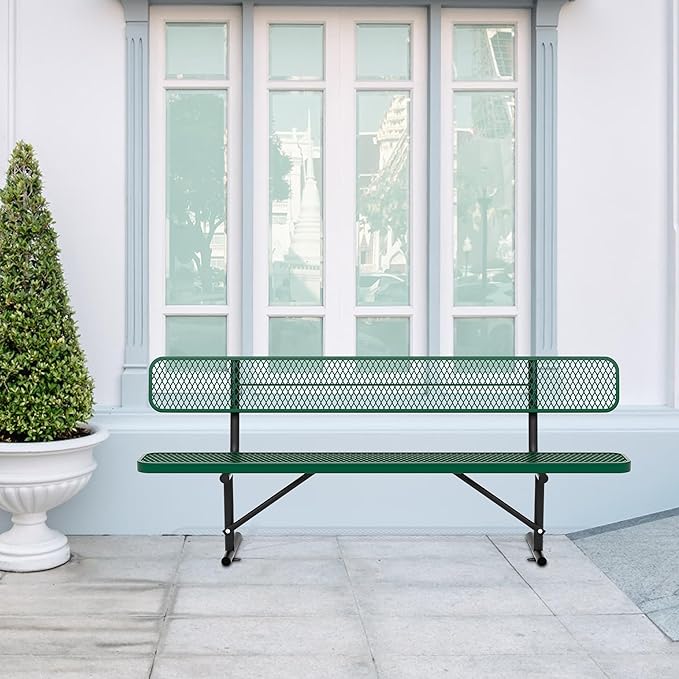 8 Ft Metal Park Bench for Outside, All-Weather Thermoplastic Coating Outdoor Bench with Backrest, Commercial Heavy Duty Benches for Shopping Malls, Stores, Parks, Patios, Decks, Green