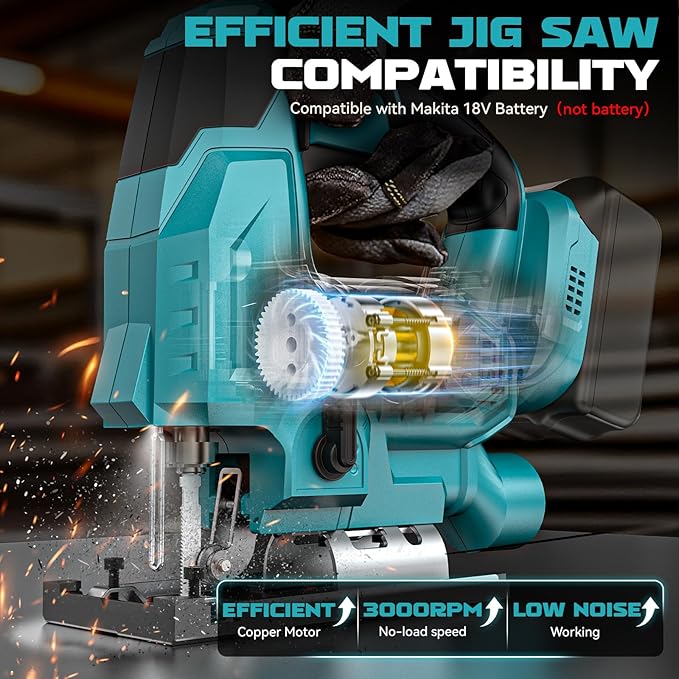 Ecarke Cordless Jig Saw Compatible With Makita 18V Battery, Brushless, 7 Speeds Dial Control, 4 Orbital Sets, Dust-Blowing, ±45° Bevel Cuts, LED Light and 6PCS Blades For Cutting (Without Battery)