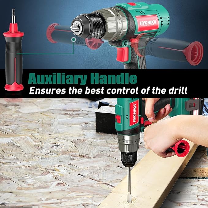 HYCHIKA Cordless Hammer Drill Driver 20V, 400 In-lbs Torque Impact Power Drill with Side Handle,1/2”Metal Chuck 21+3 Clutch, 2.0Ah Battery, LED Light for Drilling Wood Metal Wall