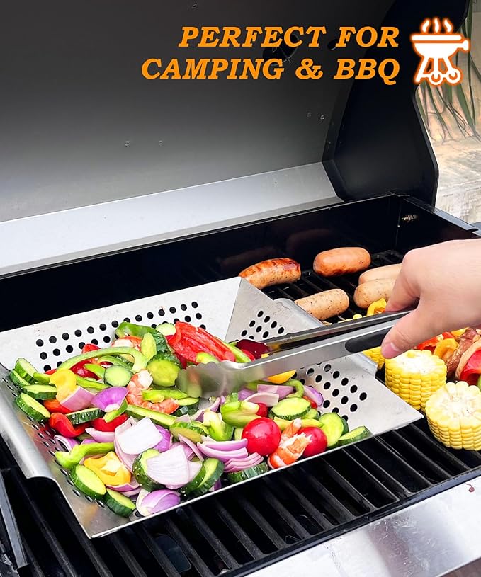 Grill Basket for Outdoor Cooking 13.4 Inch, Stainless Steel Vegetable & Fish Grilling Tray with Handle, Nonstick Dishwasher Safe BBQ Accessories for Camping, Backyard BBQ