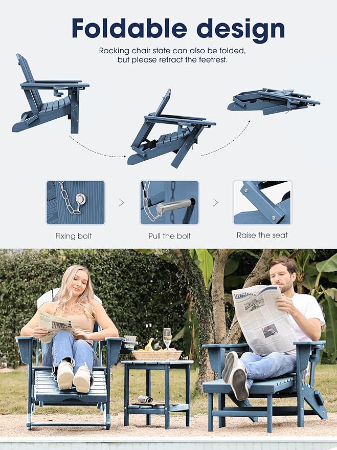 KINGYES Adirondack Rocking Chair Set of 4 with Retractable Ottoman and Cup Holders, HDPE Adirondack Rocker Patio Rocking Chair for Porch, Patio, Balcony, Deep Blue