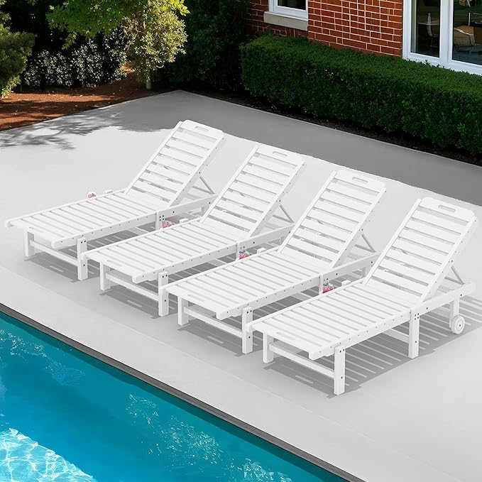 SERWALL Patio Chaise Lounge Set of 4, HDPE Outdoor Lounge Chair with Cup Holder, 5 Positions Adjustable Pool Lounge Chair with Rolling Wheels for Poolside, Deck, Sunbathing, White
