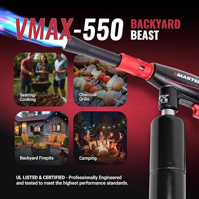MASTER APPLIANCE VMAX 550 Propane Torch - Dual Nozzle Fire Starter & Grill Gun - Self-Igniting Flame for BBQ's, Fire Pits, Campfires & Sous Vide - Pro Grade Design, Engineered in USA