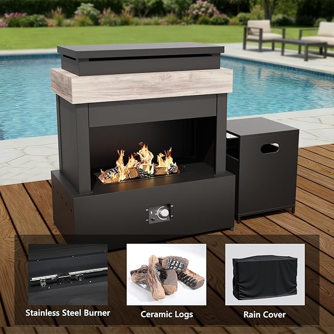 Aluminum Outdoor Conversation Furniture Set with Furniture Covers & 6" Cushions- Patio 79" Sofa with 4 Chairs & 63" Steel Propane Fireplace, 50,000 BTU Fire Pit with CSA Certified (Grey)