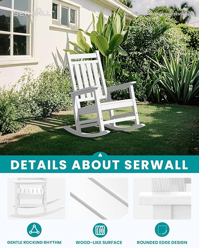 SERWALL Oversized Outdoor Rocking Chair, HDPE Rocker with Cushion, Patio Rocking Chairs for Porch, White Chair+Gray Cushion