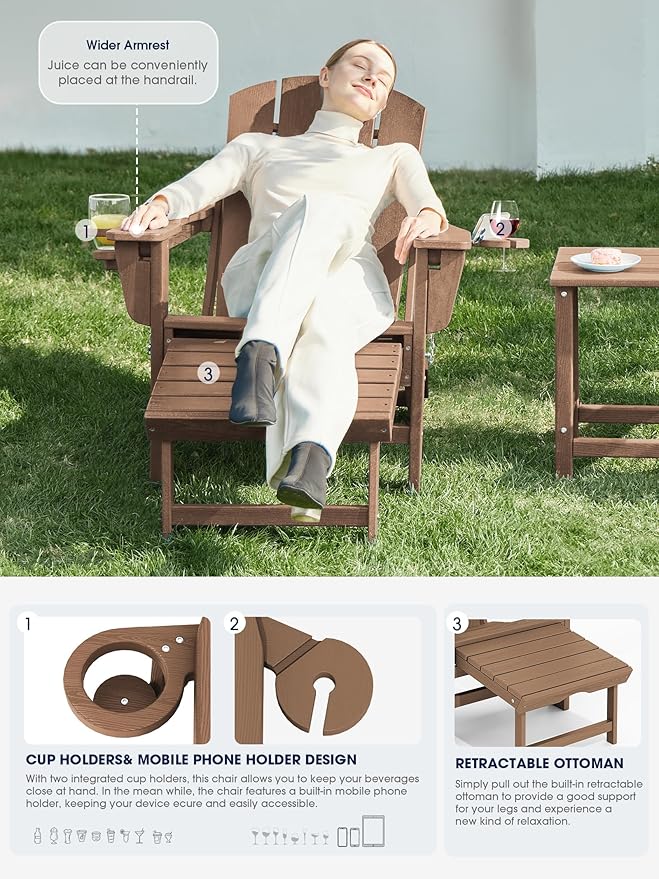 KINGYES Folding Adjustable Adirondack Chair with Ottoman & 2 Cup Holders, HDEP Reclining Adirondack Chair with Footrest, Brown