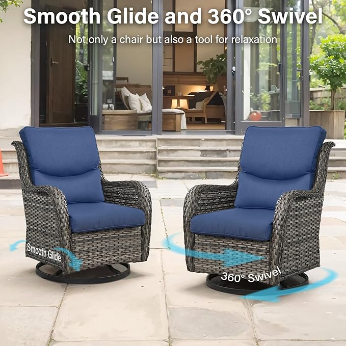 Outdoor Swivel Rocker Patio Chairs with 2 Ottomans - 5" Thick Cushion 4 Piece Furniture Set All Weather Comfortable Wicker Conversation Set for Porch Poolside and Deck - Gray/Blue