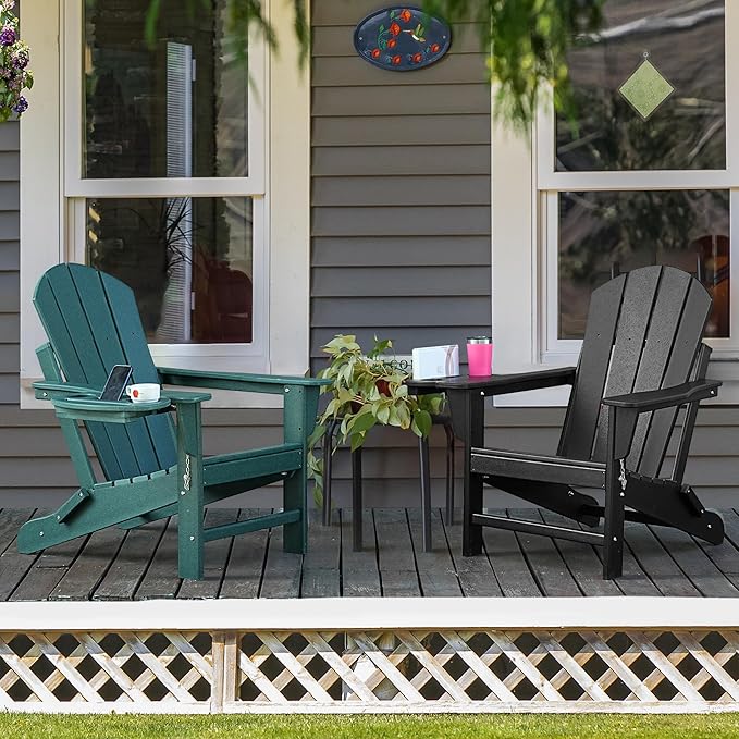 Adirondack Chair Set of 2, HDPE Folding Adirondack Chair with Multifunctional Cup Holder, Weather Resistant Fire Pit Chair for porches, patios, patios, poolsides, Decks.