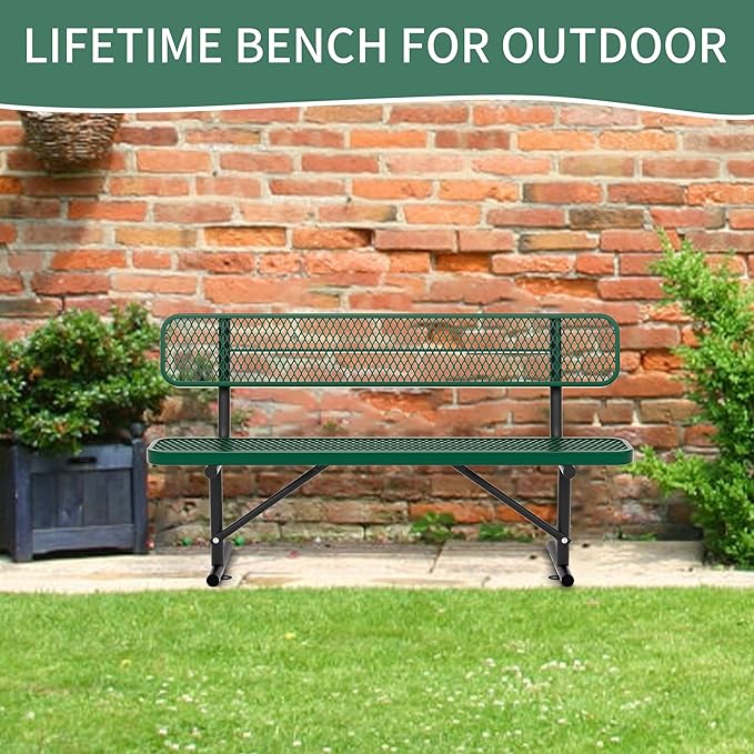 6 Ft Metal Park Bench for Outside, All-Weather Thermoplastic Coating Outdoor Bench with Backrest, Commercial Heavy Duty Benches for Shopping Malls, Stores, Parks, Patios, Decks, Green