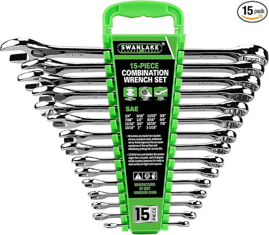 SWANLAKE GARDEN TOOLS 15-Piece SAE Wrench Set, V Notch Premium Combination Wrenchs Set, SAE 1/4" to 1", Max Torque, 12-Point, Chrome Vanadium Steel, with Storage Rack