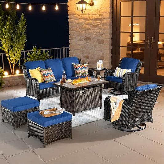 ovios 7-Pieces Patio Furniture Set with 42 Inch Fire Pit Table Swivel Chairs, Outdoor Wicker Sofa Couch Gliders Rocker, High Back Modern Conversation Set, Brown Rattan, Navy Blue