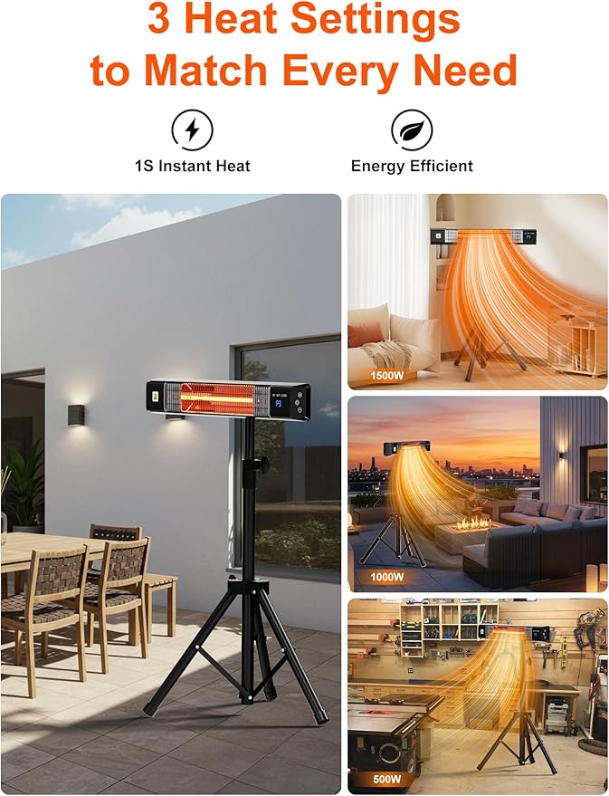 Uthfy Outdoor Electric Heater, 1500W Waterproof Patio Heater with Tripod Stand, Remote, 24 H Timer, Indoor Safety Wall Mounted Infrared Heater for Garage, Yard, Deck, Bedroom, Restaurant