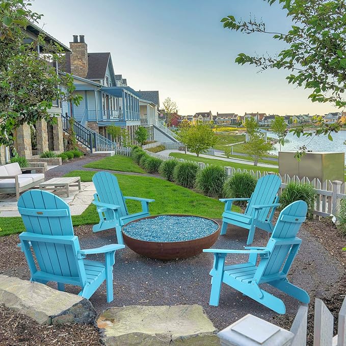 Folding Adirondack Chairs Set of 4, All Weather Resistant Plastic Chairs with Cup Holder, Fold or Unfold Easily in 1 Second, Outdoor Chairs for Patio, Garden, Backyard Deck, Lawn Fire Pit(Lake Blue)