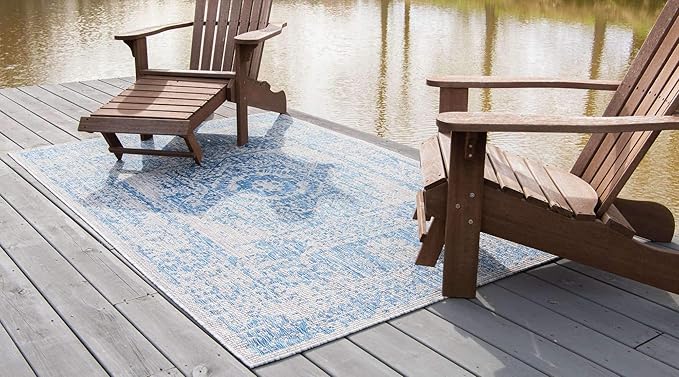 Unique Loom Outdoor Traditional Collection Area Rug - Timeworn (10' x 14' 1" Rectangle, Blue/ Gray)
