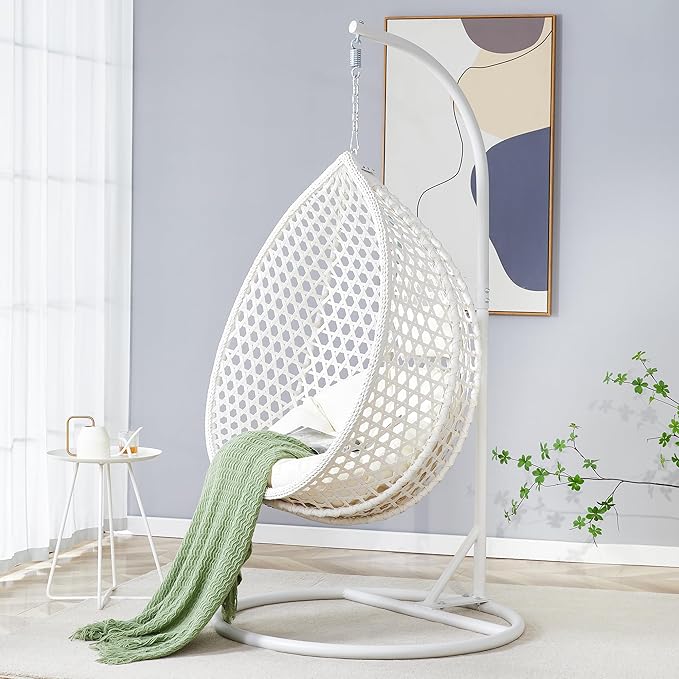 Hanging Egg Chair with Stand, Egg Swing Chair with Stand Indoor Outdoor, White Wicker Swing Egg Chair for Adults, Hammock Chair with Comfortable Cushion and Stable Round Metal Base for Bedroom Patio