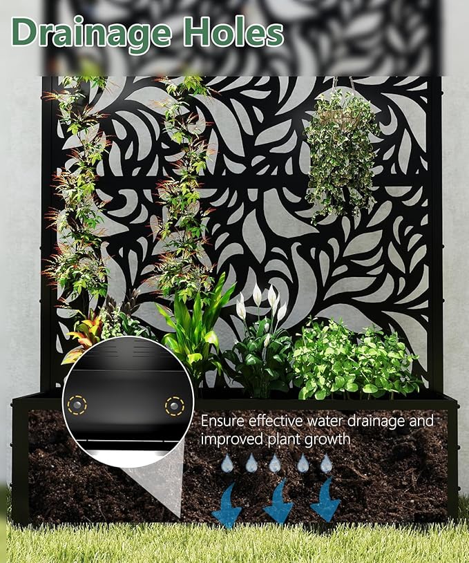 2PCS Metal Planter Box with Trellis,70.9"x47.2"x15.7" Raised Garden Bed with Drainage Holes, Privacy Planters for Outdoor Garden Bed for Climbing Plants,Vegetables,and Vines, Black-Flower