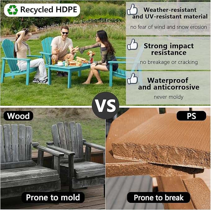 nevilywood Compact Stackable Adirondack Chairs Set of 4, 26.3" Wide HDPE Outdoor Patio Chairs - Durable, Space-Saving Design for Porch, Lawn or Garden, Aruba