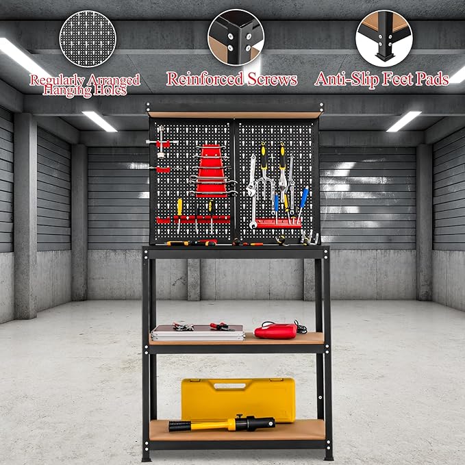 Goplus Workbench with Pegboard, 4-Tier 32” x 16” Work Table with 14 Pcs Hanging Accessories, Heavy Duty Metal Tool Stoage Bench, Work Bench for Garage, Workshop, Repair Shop
