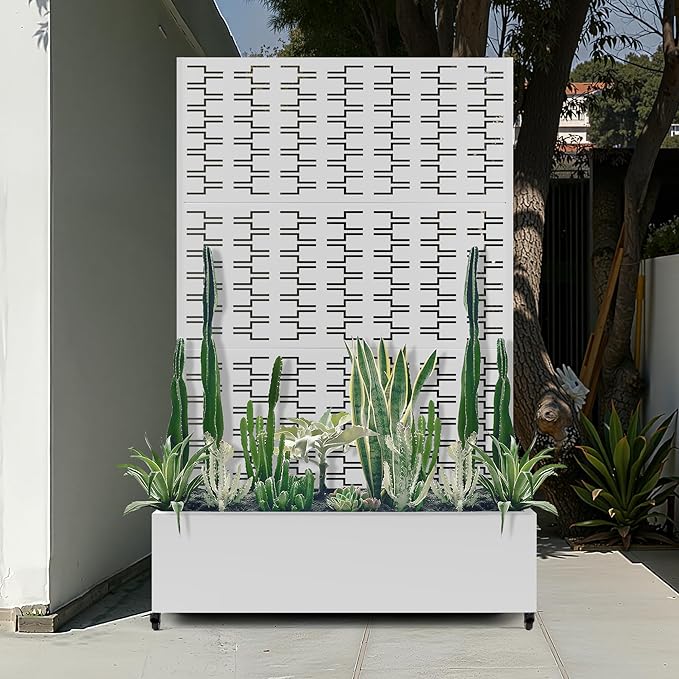 Metal Large Planter Box with Trellis, Raised Garden Beds with Privacy Screen & Wheels for Outdoor Plants, Planter Boxes with Drainage Holes (47" L×16" W×71" H, White Rectangle)