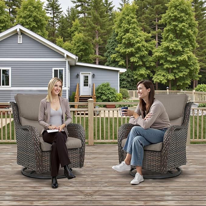 Outdoor Swivel Rocker Patio Chairs Set of 4 with Ottoman Coffee Table - 5" Thick Cushion 8 Piece Furniture Set All Weather Comfortable Wicker Conversation Set for Porch Deck - Brown/Gray