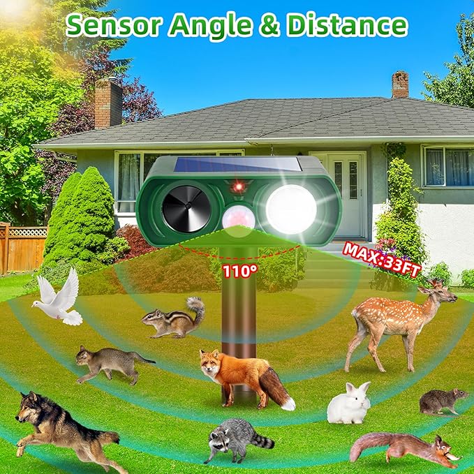 2 Pack Raccoon Squirrel Fortress Pro Solar Ultrasonic Repellent Outdoor Cat Deterrent Deer Repellent with Motion Detection Strobe Light,Waterproof Animal Repeller for Rabbit Dog Skunk for Yard