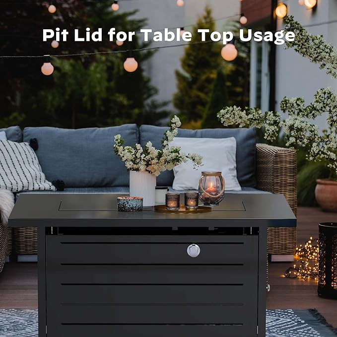 Ciays 42 Inch Gas Fire Pit Table, 60,000 BTU Propane Pits for Outside with Steel Lid and Lava Rock, 2 in 1 Firepit Table Gatherings Parties on Patio Deck Garden Backyard, Black