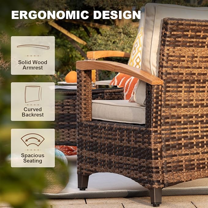 MEISSALIVVE 11 Piece Outdoor Patio Furniture Set, Half-Moon Curved Sectional Sofa Rattan Conversation Set with Wood Armrests, Coffee Table & 2 Side Table（Brown）