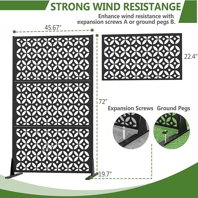 72" H×45" W Metal Privacy Screen Outdoor Privacy Screen Freestanding, Outdoor Privacy Screens and Panels, Decorative Privacy Fence with Expansion Screws and Ground Nails for Patio Lawn Deck.