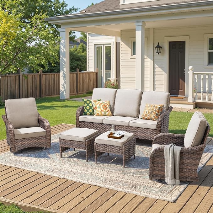 Wicker Outdoor Patio Furniture Set-5 Pieces All-Weather Wicker Outdoor Furniture with Swivel Rocking Chairs Set of 2 Patio Conversation Sets for Garden,Backyard,Deck Brown/Beige