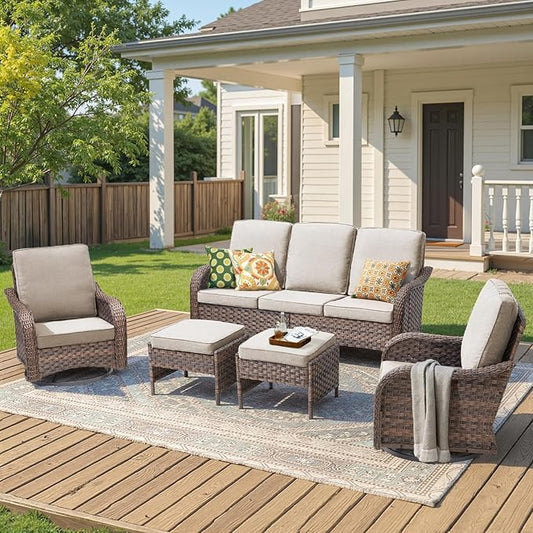 Wicker Outdoor Patio Furniture Set-5 Pieces All-Weather Wicker Outdoor Furniture with Swivel Rocking Chairs Set of 2 Patio Conversation Sets for Garden,Backyard,Deck Brown/Beige