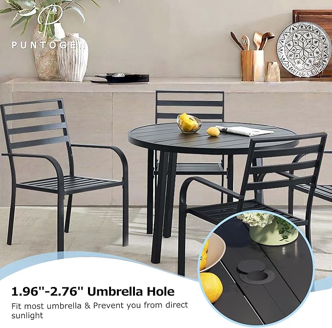 5 Piece Outdoor Dining Set, Patio Dining Set for 4, 42" Black Round Table with 4 Armrest Black Metal Outdoor Dining Chairs for Garden, Lawn, or Porch