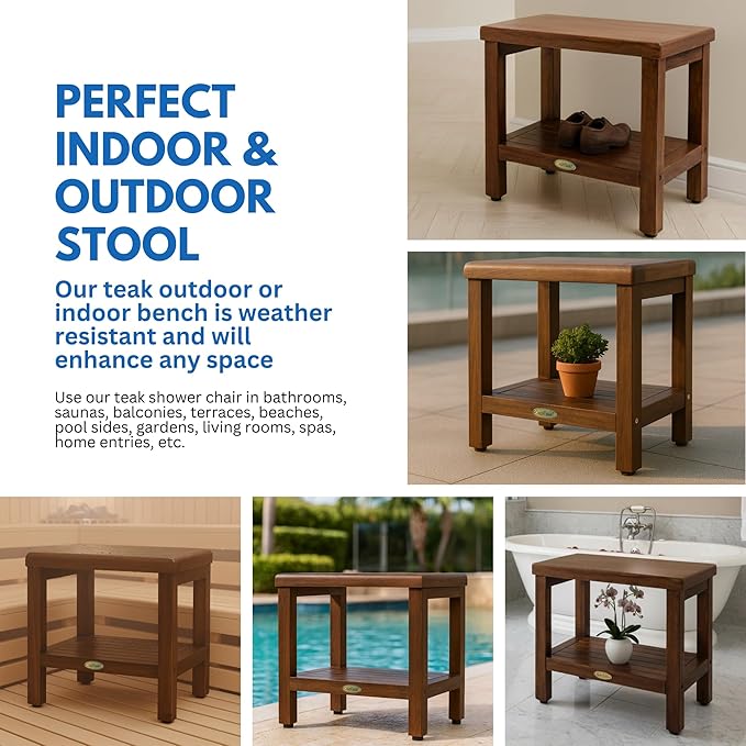 DecoTeak Eleganto 18 Inch Brown Waterproof Teak Wood Shower Bench Stool Seat Chair for Inside Shower Provides Safety, Storage, and Organization Storage Shelf for Bathroom Accessories