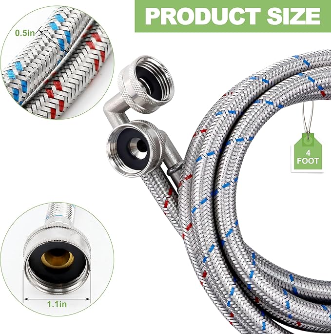 Washer Hose 6ft,Stainless Steel Washing Machine Hose 6 Foot with 90 Degree Elbows 2 Packs Braided Premium Washer Hoses Supply Lines-Washer Hoses 6ft Hot and Cold Striped Water Connection-by MIFLUS