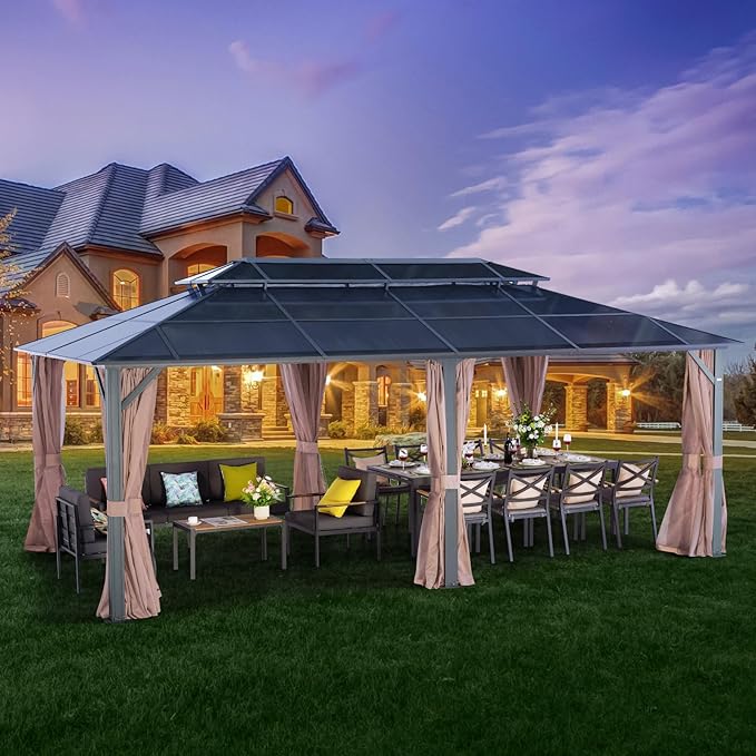 LeDoasis Nebula 12'x20' Outdoor Hardtop Gazebo, Permanent Aluminum Patio Gazebo, Polycarbonate Double Roof Canopy, Breathable Netting & Privacy Curtain Included，for Patio Lawn and Garden,Parties