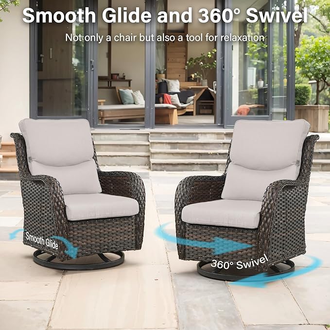 Outdoor Swivel Rocker Patio Chairs Set of 6-5" Thick Cushion 6 Piece Furniture Set with Fire Pit Table All Weather Wicker Conversation Set for Porch Deck - Brown Wicker | Beige Cushions