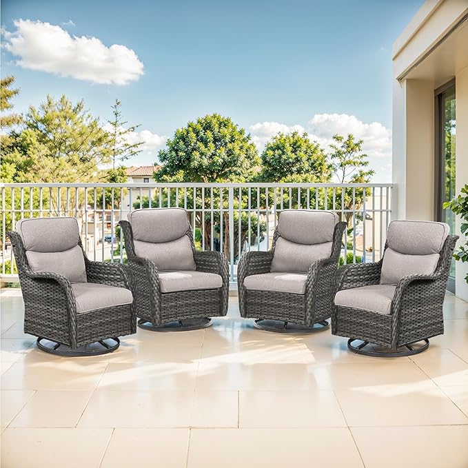 Outdoor Swivel Rocker Patio Chairs Set of 4-5" Thick Cushion 4 Piece Furniture Set All Weather Comfortable Wicker Conversation Set for Porch Poolside and Deck - Gray/Beige