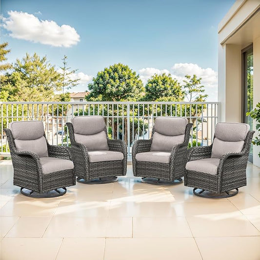 Outdoor Swivel Rocker Patio Chairs Set of 4-5" Thick Cushion 4 Piece Furniture Set All Weather Comfortable Wicker Conversation Set for Porch Poolside and Deck - Gray/Beige