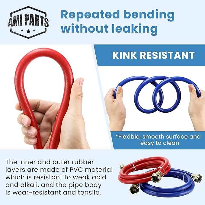 4 FT Rubber Washing Machine Hoses Burst Proof Water Supply Lines By AMI PARTS - for Hot and Cold Water Washer Hoses (2 Pack)