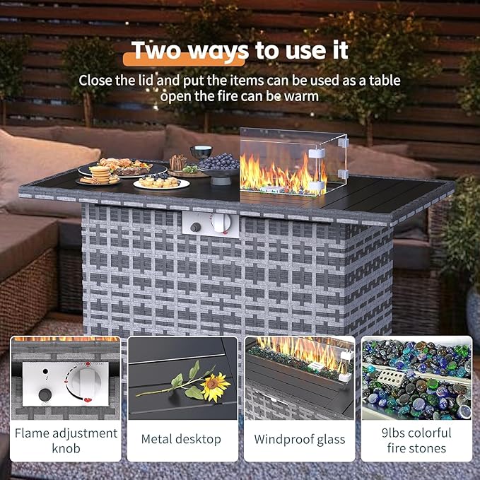 UDPATIO 44" Propane Gas Fire Pit Table, 55000 BTU Rectangular Fire Pit with Glass Wind Guard for Outside Patio Deck Garden Backyard