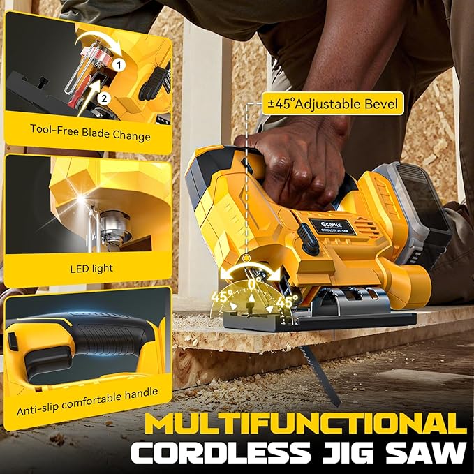 Ecarke Cordless Jig Saw Compatible With Dewalt 20V Max, Brushless, 7 Speeds Dial Control, 4 Orbital Sets, Dust-Blowing, ±45° Bevel Cuts, LED Light and 6PCS Blades For Cutting (Exclude Battery)