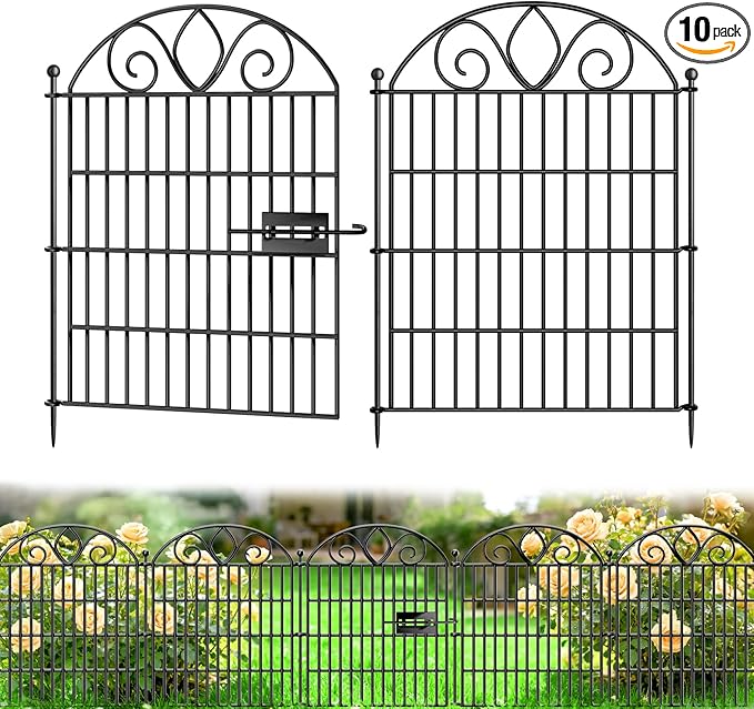10 Panels No Dig Decorative Garden Fence with Gate – 28" H X 19.6' L Rustproof Metal Dog Fence Outdoor for Yard, Animal Barrier Fence for Pet, Garden Border, Patio, Flower | Temporary Fencing
