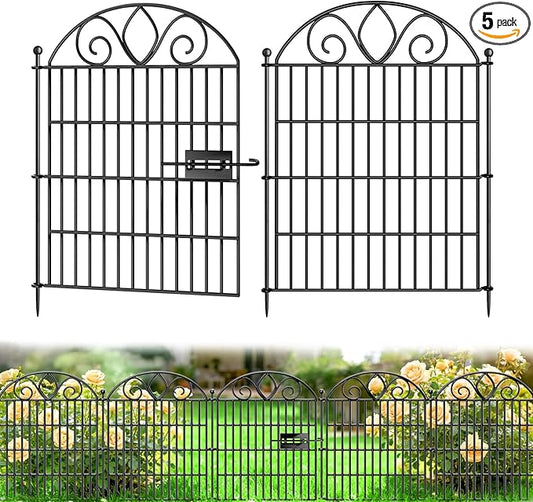 5 Panels No Dig Decorative Garden Fence with Gate – 28" H X 9.8' L Rustproof Metal Dog Fence Outdoor for Yard, Animal Barrier Fence for Pet, Garden Border, Patio, Flower | Temporary Fencing