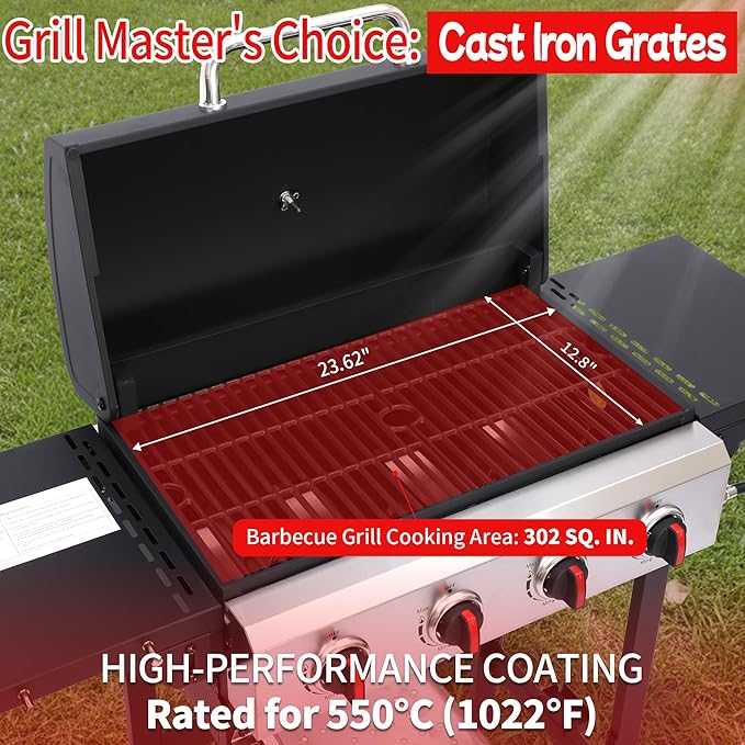 4-Burner Propane Gas Grill, 38250 BTU, BBQ Grills with Cast Iron Grates, Portable Foldable Side Shelves, Outdoor Patio Camping, Black for Outdoor Backyard Patio Barbecue