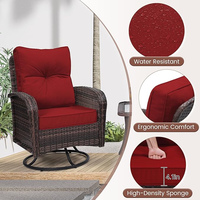 Luxury Outdoor Swivel Wicker Glider Patio Chairs with Table Set, Overstuffed Washable Cushions, Ideal for Porch, Balcony, Deck, Brown Rattan and Red Cushion