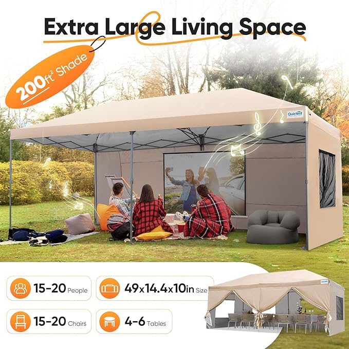 Quictent 10x20 FT Pop up Canopy Tent with Sidewalls, Easy Setup and Wheeled Bag for Outdoor Event Party Commercial Camping Markets and Instant Shelter